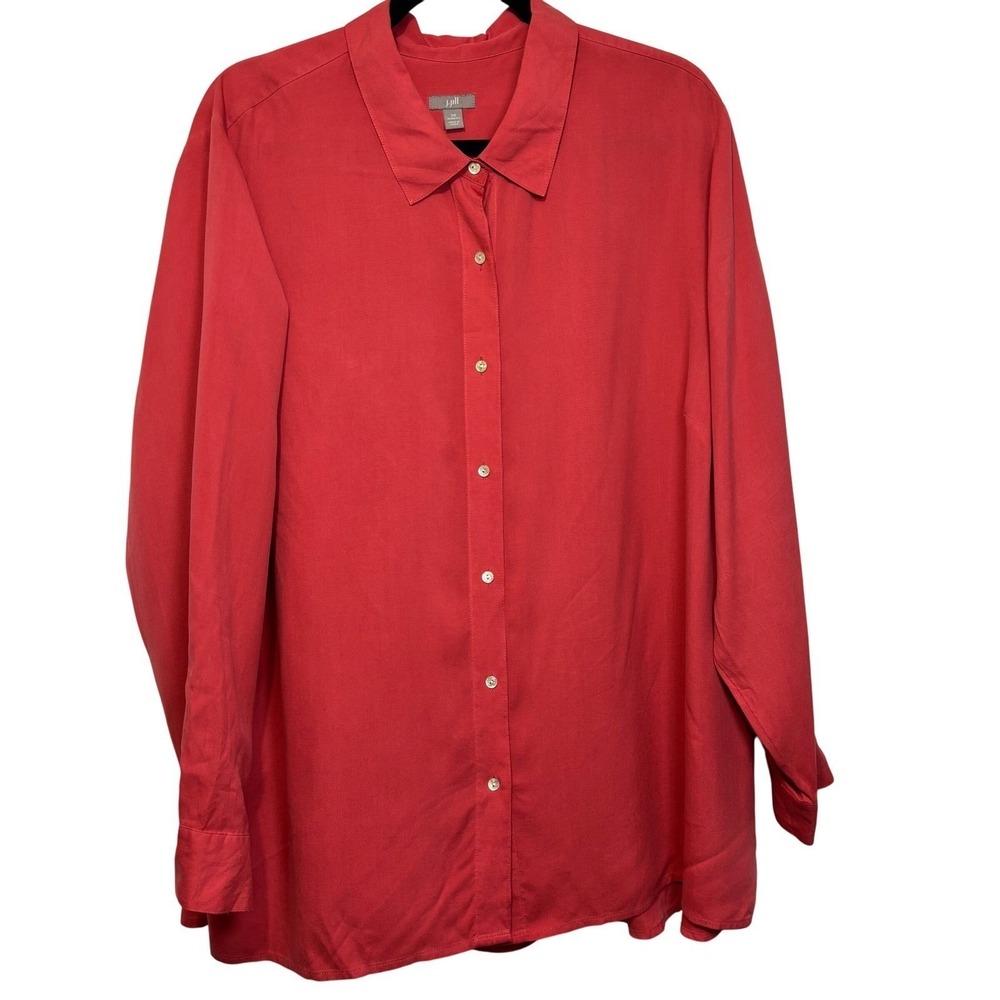 J. Jill Coastal Travel Plus 3X Red 100% Silk Button Down Long Sleeve Blouse